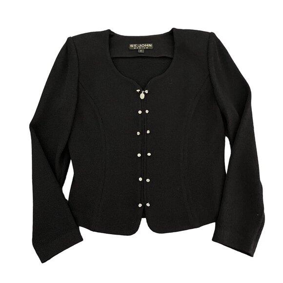 St. John Basics Knit Black Full Zip Top & Skirt Set Rhinestone Embellished, Sz 4 - Picture 2 of 12